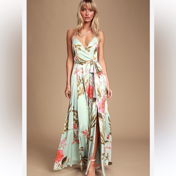 Lulus Still The One Sage Green Floral Print Satin Maxi Dress! Brand new! - Picture 3 of 11